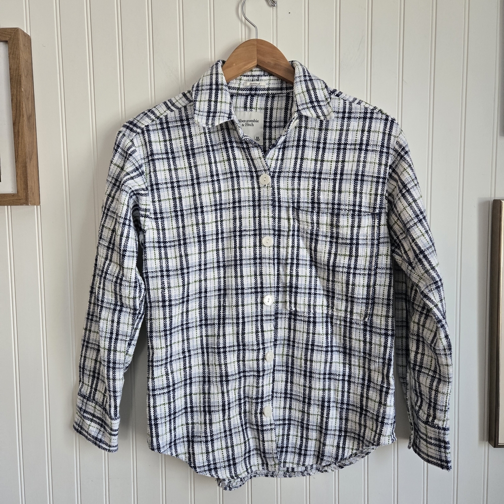 Abercrombie & Fitch Tweed Plaid Button Up Jacket Shirt Green, Blue And White